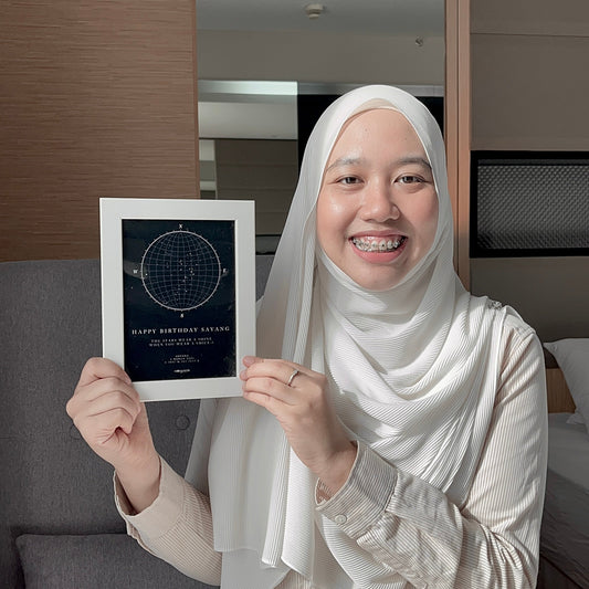 Framed custom star map with illustrated group portrait and “Budapest 2018” dedication, styled on silky fabric.