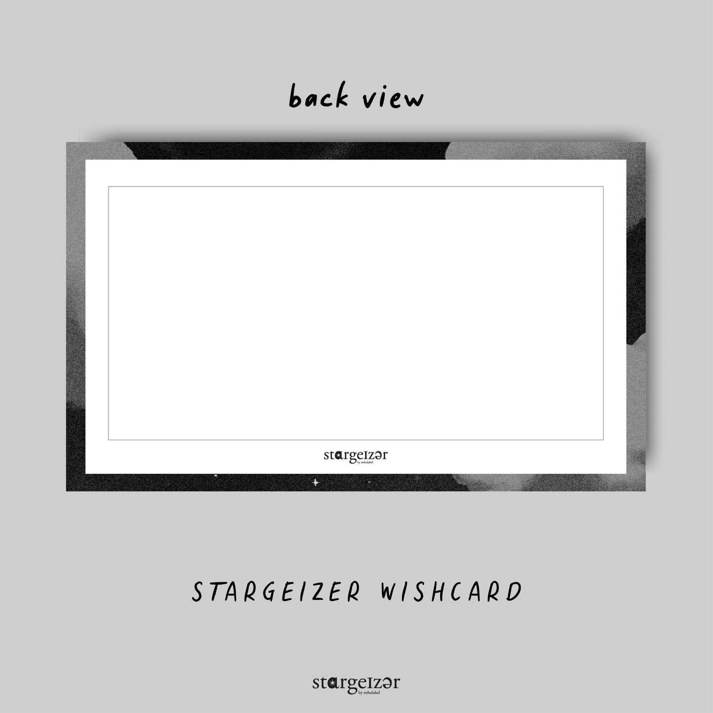 Back view of a Stargeizer wishcard with a plain design on a gray background