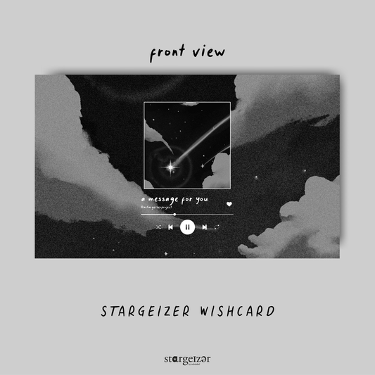 Stargeizer Wishcard front view with celestial design shooting stars and text on a gray background