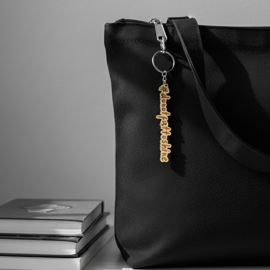 Black totebag with a wood stargeizer keychain on a gray background