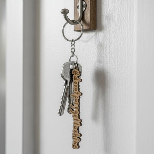 Stargeizer Wood Keychain with keys and a decorative tag hanging on a wooden hook against a white wall.
