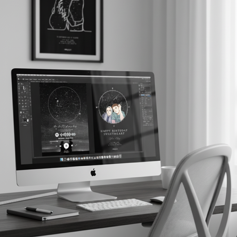 Computer monitor on a desk with a design software open, designing star map in a room with a window.