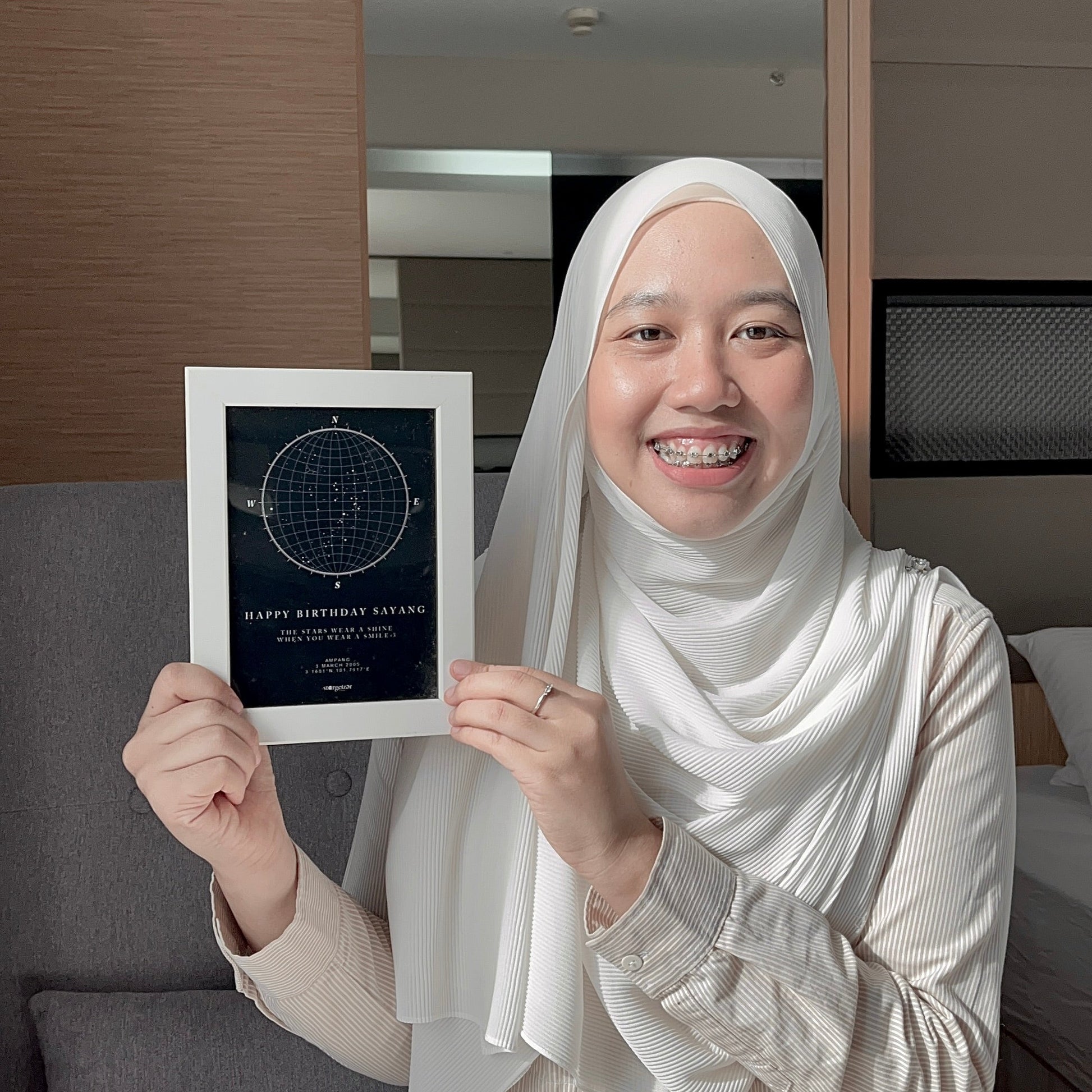 Framed custom star map with illustrated group portrait and “Budapest 2018” dedication, styled on silky fabric.