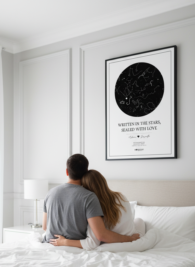 A couple sitting on a bed reminiscing while looking at a framed custom star map print showing the stars on their wedding day.