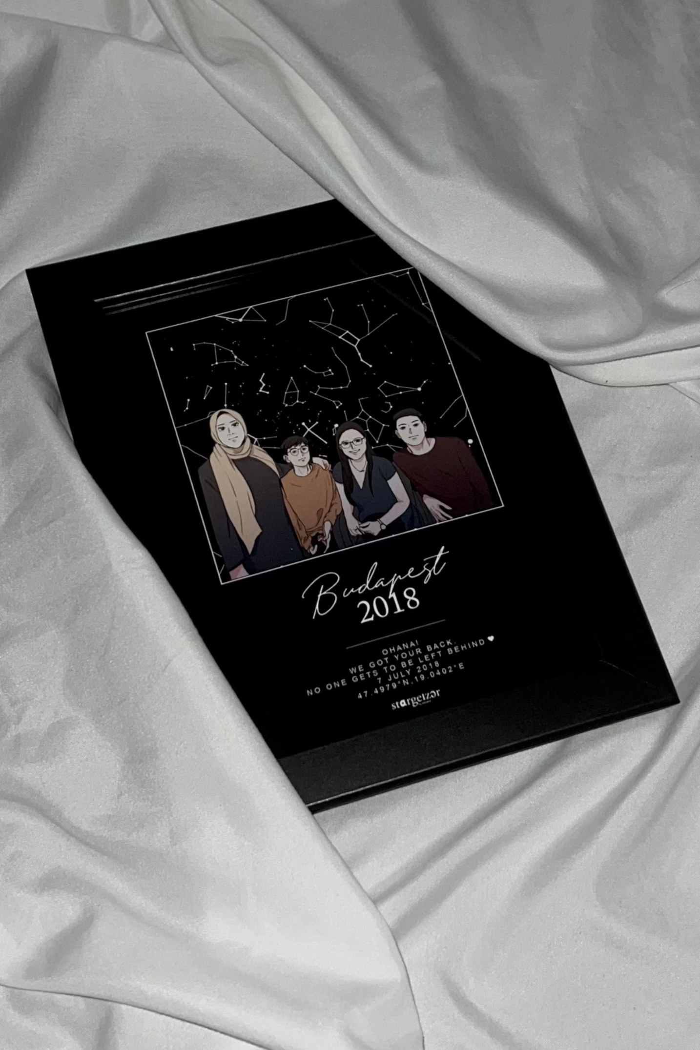 Framed custom star map with illustrated group portrait and “Budapest 2018” dedication, styled on silky fabric.