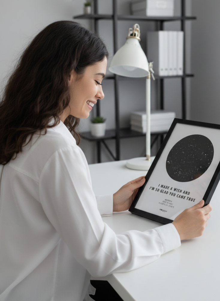 Smiling woman holding a framed custom star map with the quote 'I made a wish and I’m so glad you came true' at a desk.