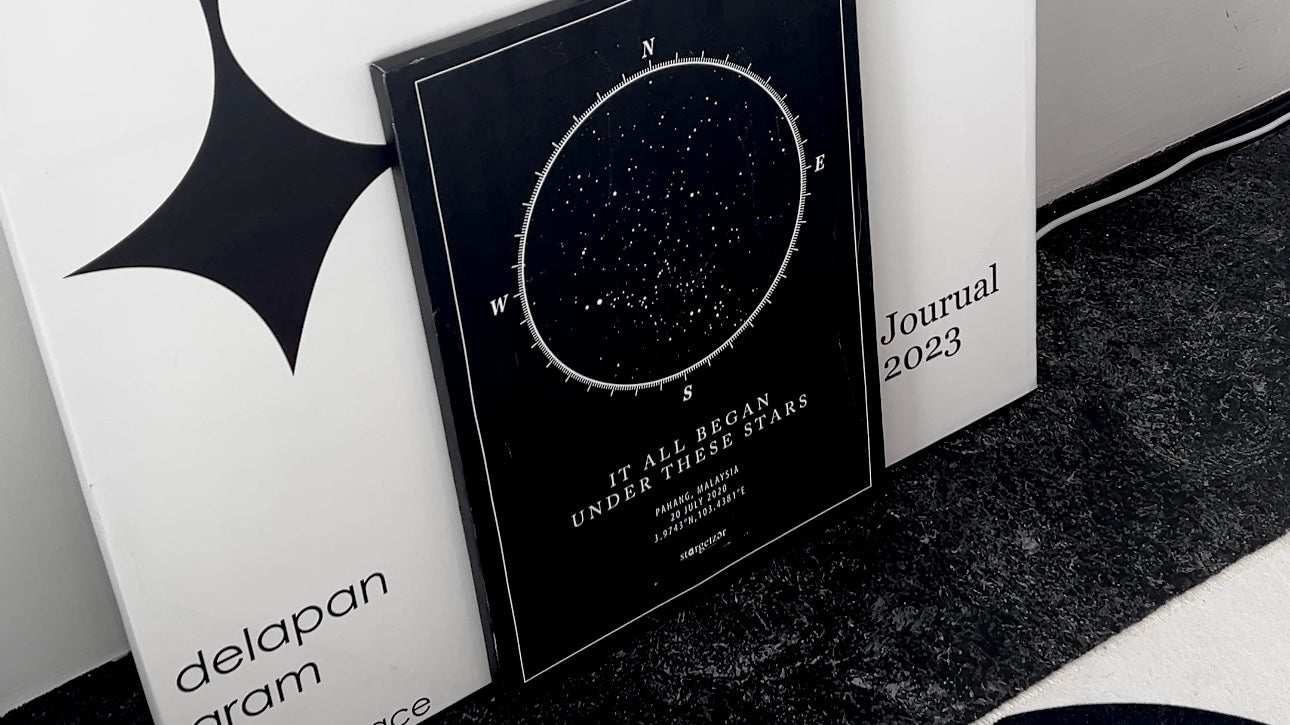 Custom black star map print with the quote "It all began under these stars," displayed between journals on a white and black background.