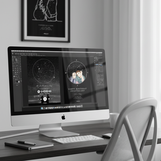 Computer monitor on a desk with a design software open, designing star map in a room with a window.